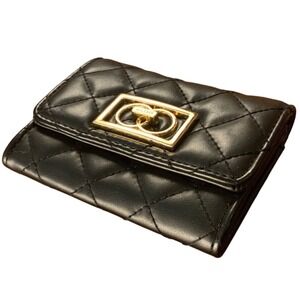 Aldo Black Quilted Faux Leather Wallet Gold Interlocking Logo Card Holder